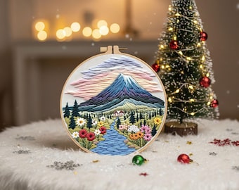 Kit per ricamo di paesaggi montani, artigianato floreale fai da te, arte per principianti con telaio