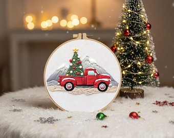 Kit di avviamento per ricamo a forma di albero di Natale con camion rosso: lavoretto fai da te per le feste