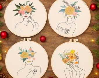 Kit de bordado para principiantes: Patrón floral feminista, manualidad DIY con bastidor