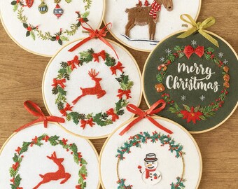 Christmas Embroidery Starter Kit: Floral Wreath, Socks & Elk Design
