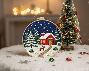 Kit ricamo cottage natalizio: scena natalizia invernale fai da te
