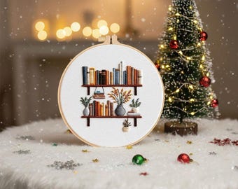 Kit per ricamo a forma di libreria con piante / Ricamo fai da te moderno per principianti