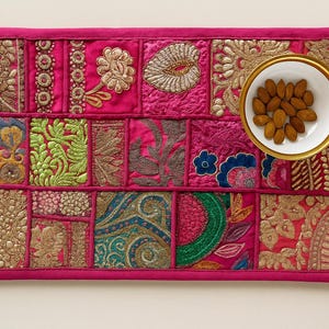 Pink Boho Patchwork Placemat - Indian Style Embroidered Table Placemat With Runner -Vintage Patchwork Place Mat, Handmade Soft Cotton Mats