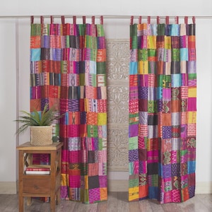 Cortina de algodão vintage com 2 painéis, feita à mão, patchwork, seda, sari, decoração para sala de estar/quarto, cortina para tratamento de janela, presente para ela