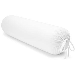 May include: A white bolster pillow with a cylindrical shape. The pillow is made of a smooth fabric and has a gathered end with a tied closure. This decorative pillow is designed for comfort and support.