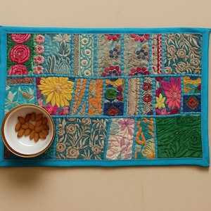 Indian Style Patchwork Placemats | Handmade Cotton Fabric Embroidered Placemat | Bohemian Table Mats | Vintage Kantha Work Dining Decor