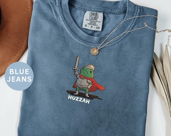 Huzzah Frog with Sword Tee | Embroidered Medieval Frog Shirt | Funny DnD Gifts
