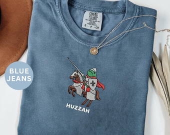 Huzzah Frog with Sword Tee | Embroidered Medieval Frog Shirt | Funny Gift for DnD/Renaissance Fans