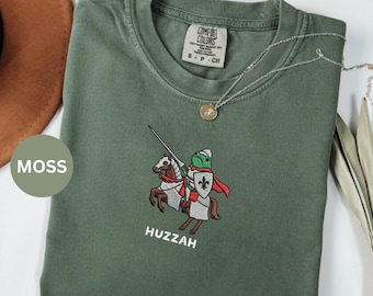 Huzzah Frog with Sword Tee | Embroidered Medieval Frog Shirt | Funny Gift for DnD/Renaissance Fans