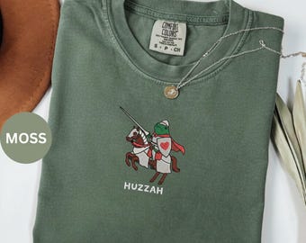 Heart Huzzah Frog with Sword Shirt | Embroidered Medieval Frog Tee | Funny DnD Comfort Colors 1717 |  Renaissance Faire Frog Gift