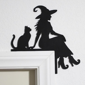 Handmade Wood Witch and Cat Door Corner Topper: Whimsical Home Decor