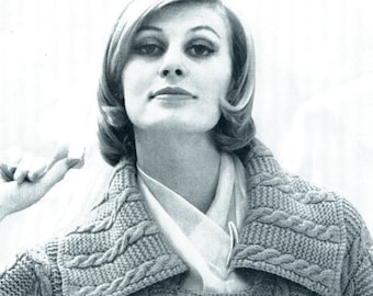 Ladies' 1960s Retro Cabled Jacket with Asymmetrical Closure and Wide Collar -- PDF KNITTING PATTERN