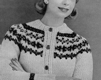 Vintage Chunky Fair Isle-Influenced Cardigan -- 1960s -- PDF KNITTING PATTERN