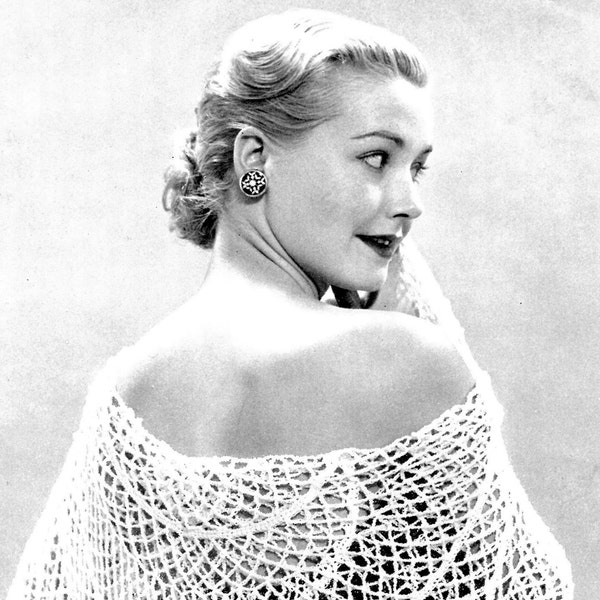 Ladies' 1950s Vintage Crocheted Shawl with Pearls -- Retro Stole -- Women's Evening, Wedding Wear -- Formal Wrap -- PDF CROCHET PATTERN