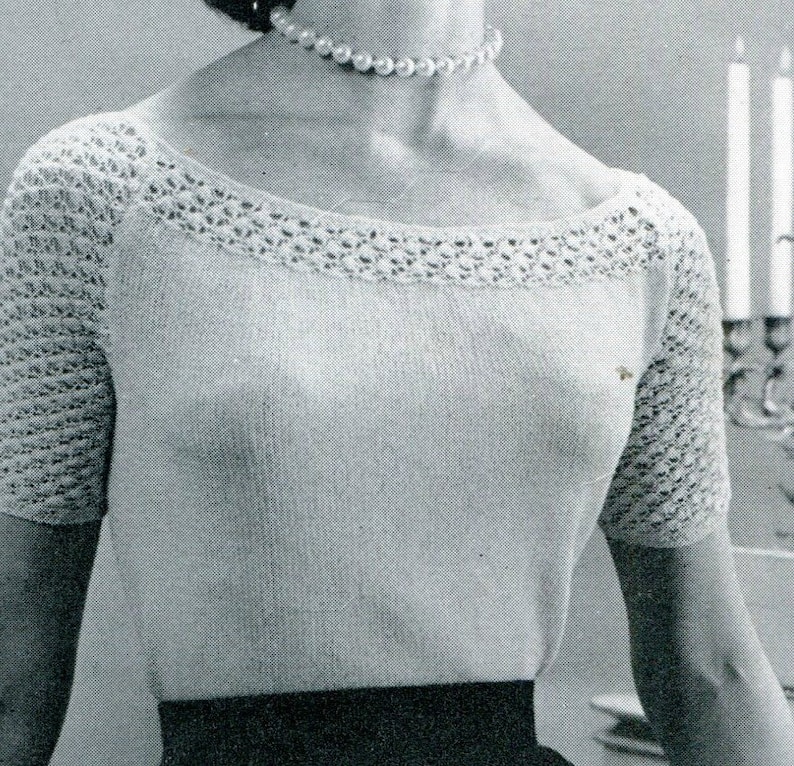 Ladies' Retro 1960s Fitted Ballet-neck Sweater Blouse, Lacy Short Sleeves Wide-neck Top, Knitted Blouse PDF KNITTING PATTERN image 3