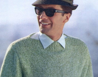 Men's 1960s Retro Tweed Pullover with Boatneck Collar  -- PDF KNITTING PATTERN