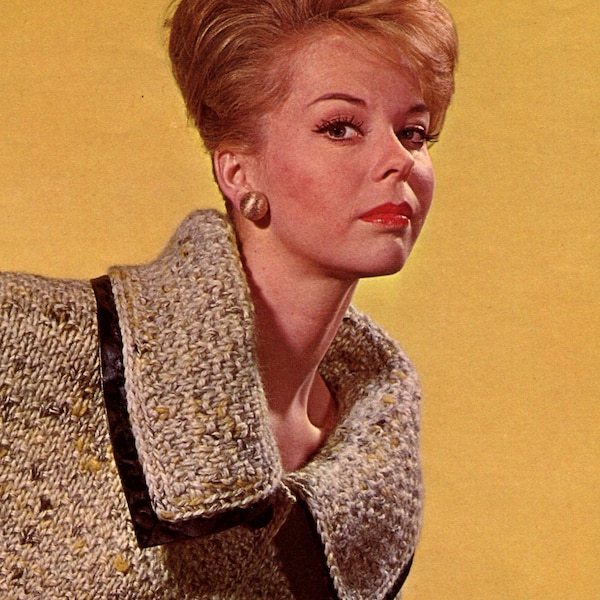Women's 1960s Vintage Chunky Tweed Knit Car Coat with Leather Trim -- Ladies Knit Jacket -- Sweater -- PDF KNITTING PATTERN
