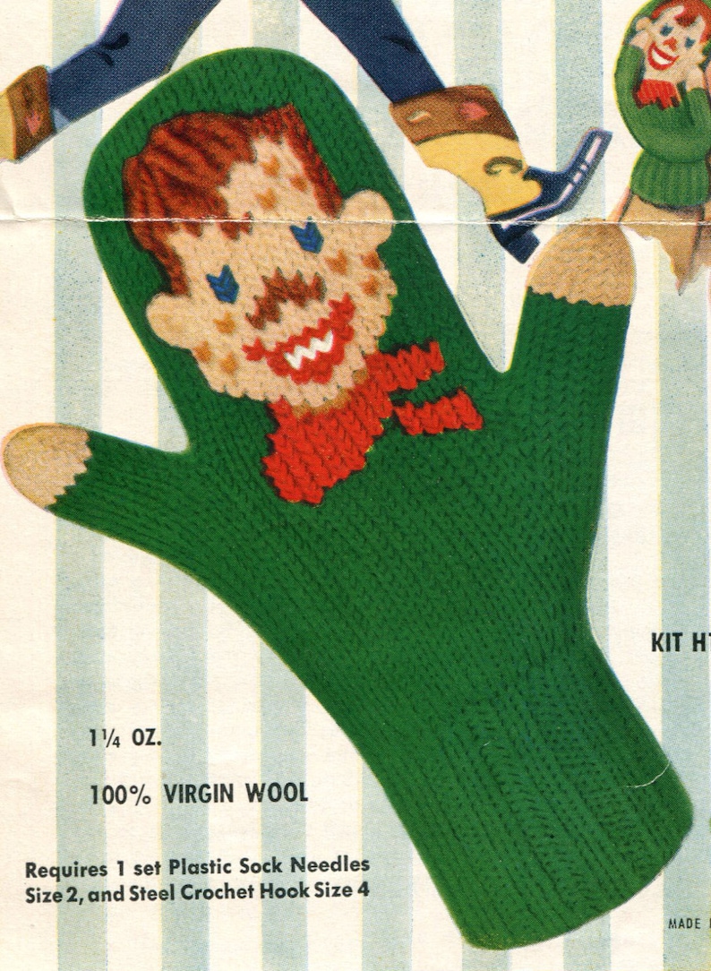 1950s Vintage Howdy Doody and Clarabelle Mittens PDF KNITTING PATTERN image 3