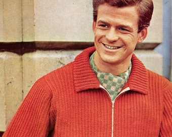 Men's 1960s Vintage Rib-stitch Zip-front Cardigan with Polo Collar -- Relaxed Fit -- Great for Women, Too -- PDF KNITTING PATTERN