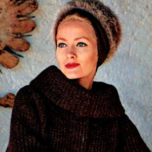 Women&#39;s 1960s Retro French Flair Coat with Buttoned Front, Foldover Collar -- PDF KNITTING PATTERN