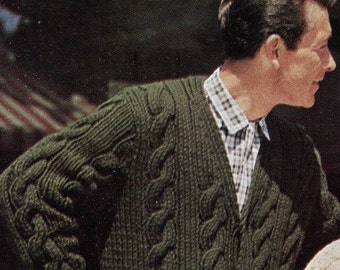 Men's 1960s Retro Chunky-Knit V-neck Cable Cardigan -- PDF KNITTING PATTERN