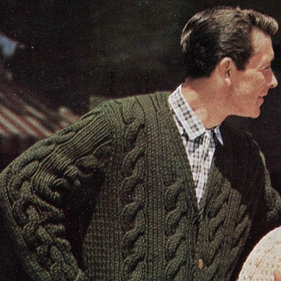 Men S 1960s Retro Chunky Knit V Neck Cable Cardigan Pdf Knitting Pattern