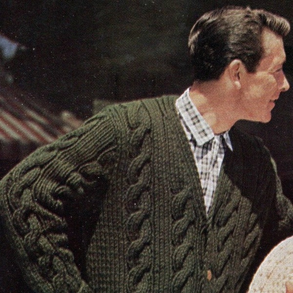 Men's 1960s Retro Chunky-Knit V-neck Cable Cardigan -- PDF KNITTING PATTERN