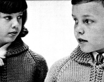 Kids' 1960s Retro Chunky-Knit Shawl-Collar Zippered Cardigan with Reindeer Motif -- PDF KNITTING PATTERN