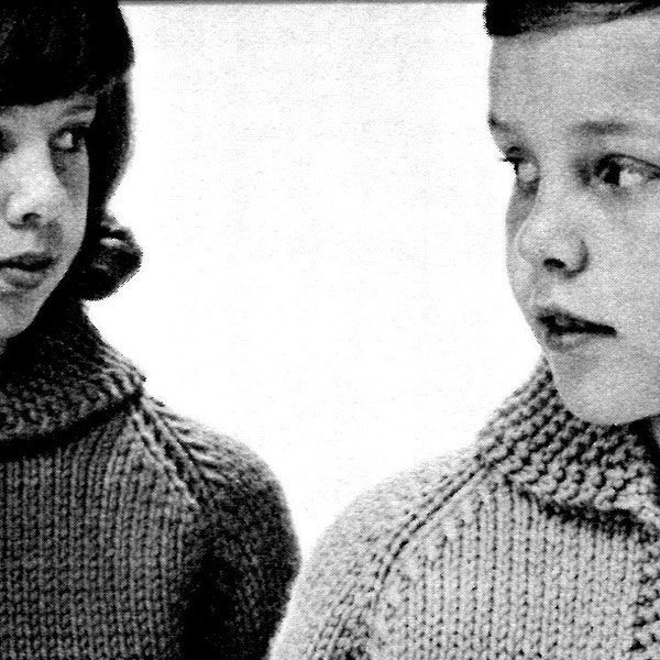 Kids' 1960s Retro Chunky-Knit Shawl-Collar Zippered Cardigan with Reindeer Motif -- PDF KNITTING PATTERN