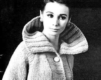 Ladies' 1960s Vintage Bold-Collared Button-Front Jacket with Broad Ribbed Placket -- Raglan Sleeve Sweater -- PDF KNITTING PATTERN