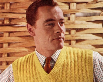 Men's 1960s Retro Sleeveless Cardigan with Rib Pattern -- Men's Knitted Vest -- PDF KNITTING PATTERN