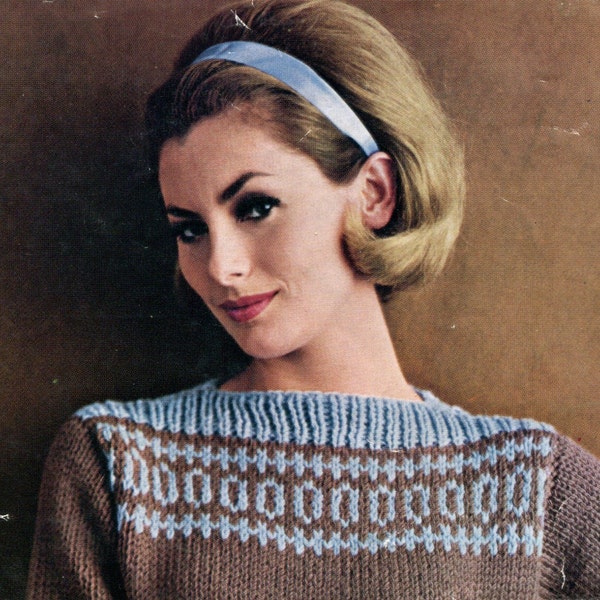 Women's 1960s Chunky Boatneck Pullover --Easy Knit --  PDF KNITTING PATTERN