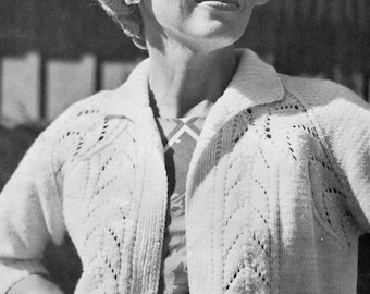 Women's Vintage 1960s Leafy Lace-Paneled Cropped Buttonless Cardigan -- Three-Quarter Raglan Sleeves -- PDF KNITTING PATTERN