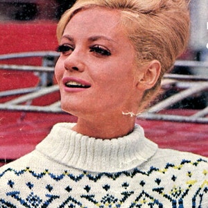 Ladies&#39; 1960s Modern Fair Isle-Style Pullover with Relaxed Turtleneck, Traditional Patterns --  PDF KNITTING PATTERN