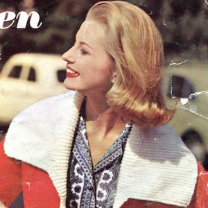 Ladies&#39; Retro Car Coat with Bold Contrast Collar -- PDF KNITTING PATTERN