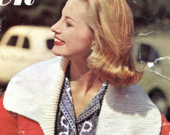 Ladies' Retro Car Coat with Bold Contrast Collar -- PDF KNITTING PATTERN