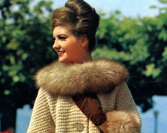 Women's 1960s Retro Knitted Coat with Purchased Fur Collar and Cuffs -- PDF KNITTING PATTERN