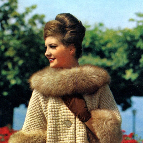 Women's 1960s Retro Knitted Coat with Purchased Fur Collar and Cuffs -- PDF KNITTING PATTERN