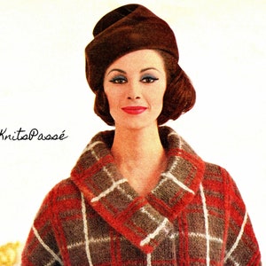 May include: A woman wearing a brown hat and a plaid coat with red, brown, and white squares. The coat has a large collar. The text "Knits Passé" is in the lower left corner. The woman has red lipstick and blue eyeshadow.