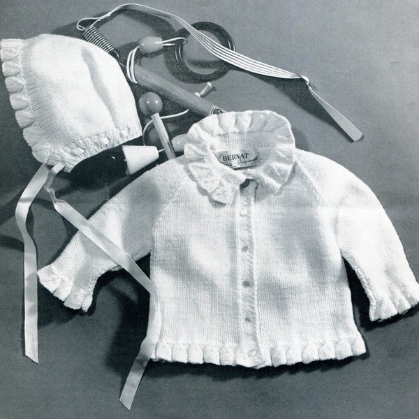 Infant's Vintage Sweater-Cap Set -- Retro Knitted Ensemble for Babies - 1960s Baby Hat and Sweater - PDF KNITTING PATTERN