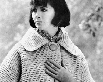 Women's 1960s Retro Crochet Coat with Three Quarter Length Sleeves -- PDF CROCHET PATTERN