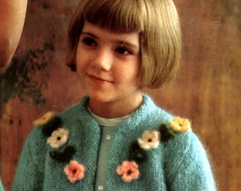 Girl's Retro 1960s Knitted Mohair Cardigan with Crocheted Flower Trim -- PDF KNITTING PATTERN