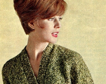 Women's 1960s Vintage Knitted Tweed Suit with V-Neck Cardigan -- Retro Chunky Yarn Knit -- PDF KNITTING PATTERN