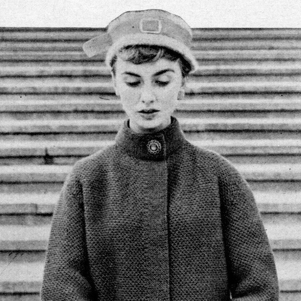 Vintage 1950s Swing Coat with Textured Stitch and Striped Cuffs -- PDF KNITTING PATTERN