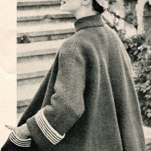 Vintage 1950s Swing Coat with Textured Stitch and Striped Cuffs PDF KNITTING PATTERN image 3