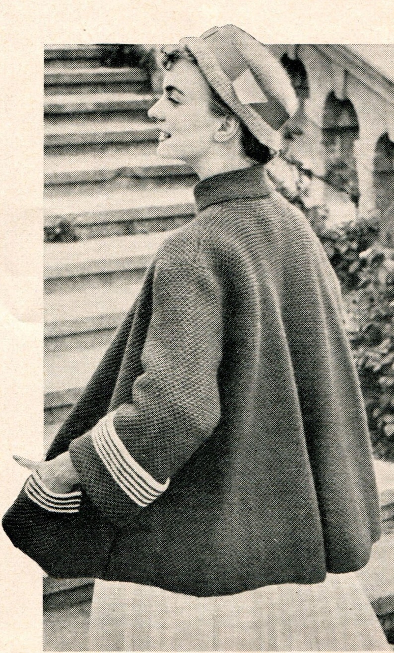 Vintage 1950s Swing Coat with Textured Stitch and Striped Cuffs PDF KNITTING PATTERN image 3