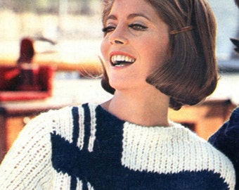 Ladies' Retro Crewneck Pullover with Bold, Asymmetrical Stripes -- PDF KNITTING PATTERN