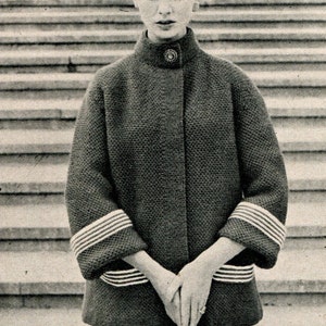 Vintage 1950s Swing Coat with Textured Stitch and Striped Cuffs PDF KNITTING PATTERN image 2