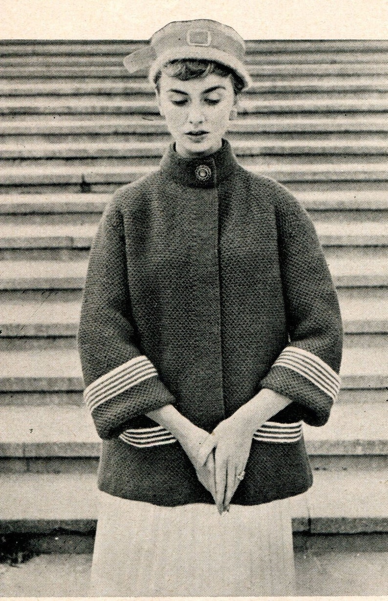 Vintage 1950s Swing Coat with Textured Stitch and Striped Cuffs PDF KNITTING PATTERN image 2