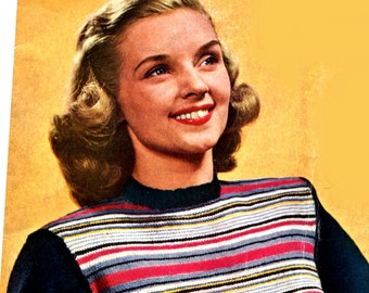 Ladies' 1940s Vintage Standard-fit Striped Crewneck Pullover with Contrasting Rib and Sleeves -- PDF KNITTING PATTERN